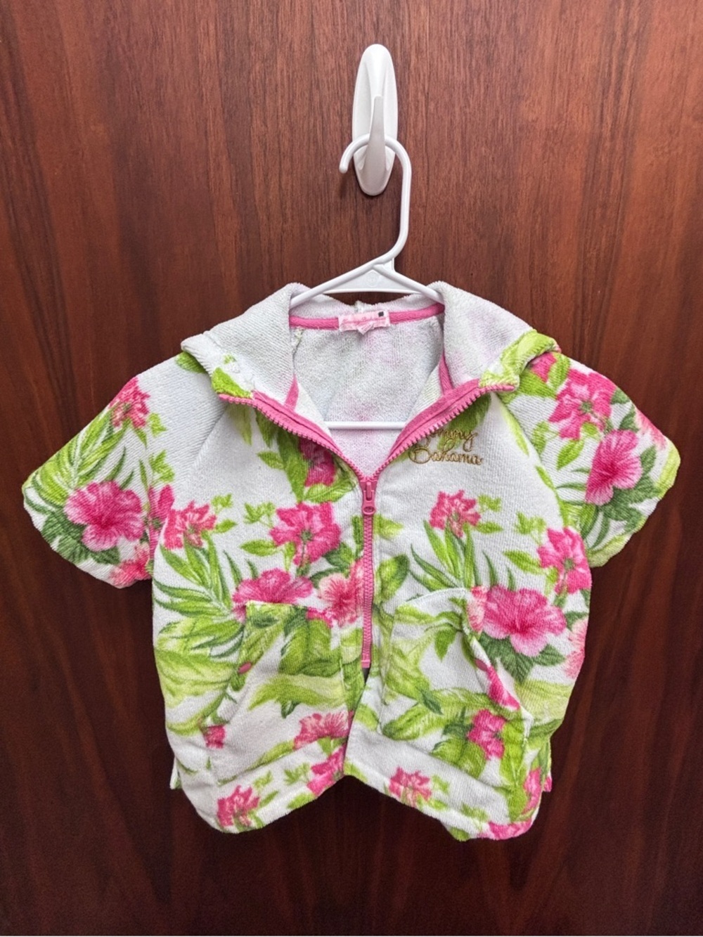 Tommy Bahama Golden Logo Hooded Towel Jacket w Pink Flowers & Lime Accents, EUC - Picture 8 of 12